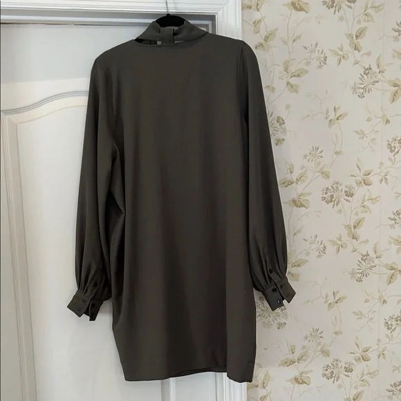 Ganni Olive Green Long Sleeve Tie-Neck Dress size 6 with detachable scarf - Picture 3 of 5